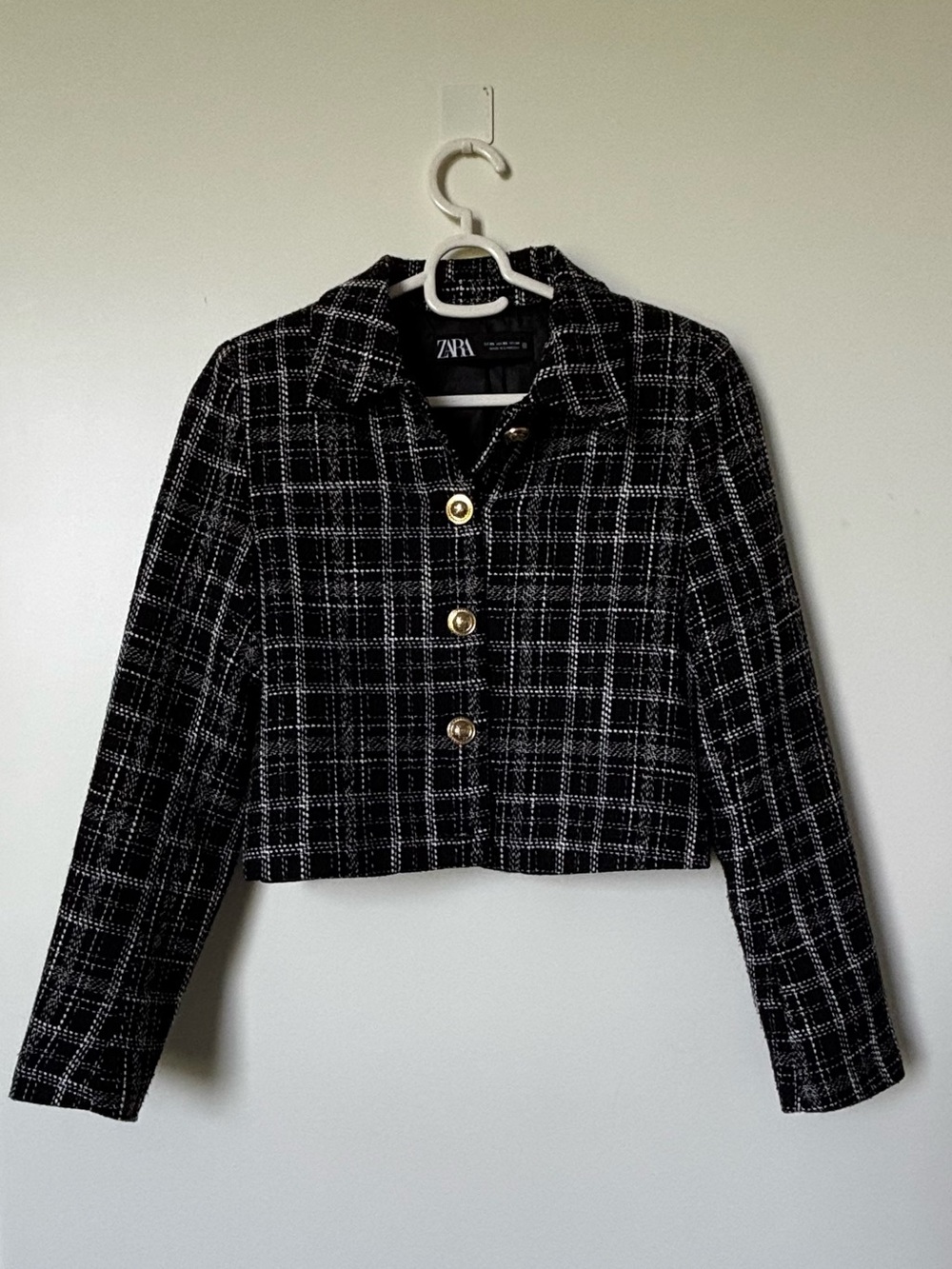 Zara Black and White Tweed Cropped Blazer with Gold Buttons